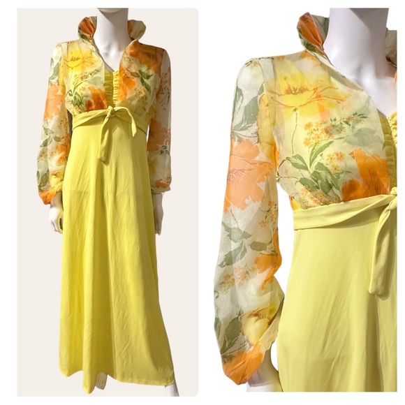 Vintage Dresses & Skirts - Vintage yellow maxi dress w/ cinched bust & matching sheer floral print jacket.